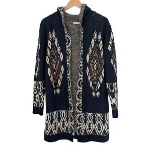 ANDTHEWHY Navy Blue Tribal Geometric Hooded Open Front Cardigan Sweater Size M/L